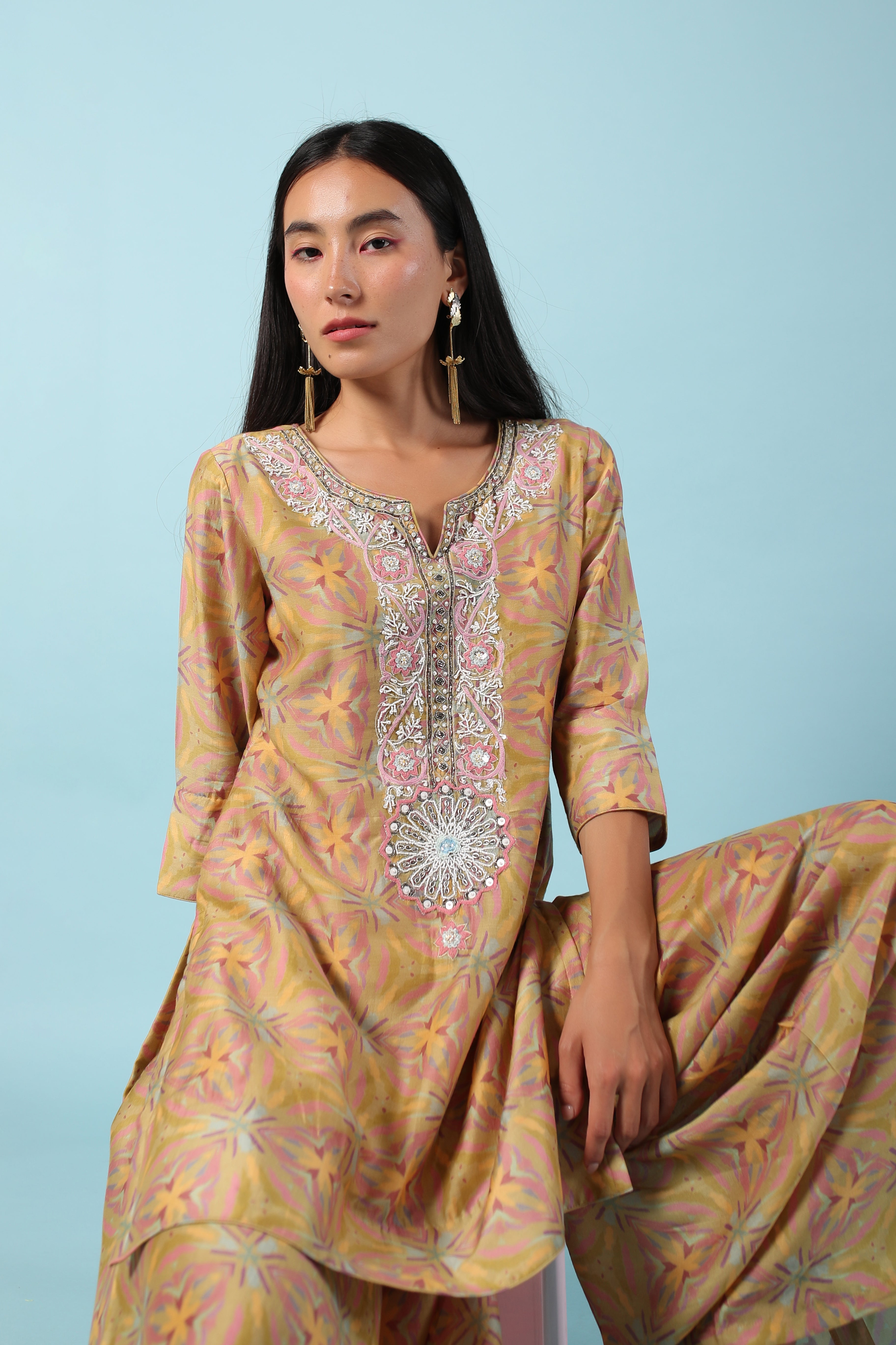 Mustard Asymmetric Kurta and Dhoti Set