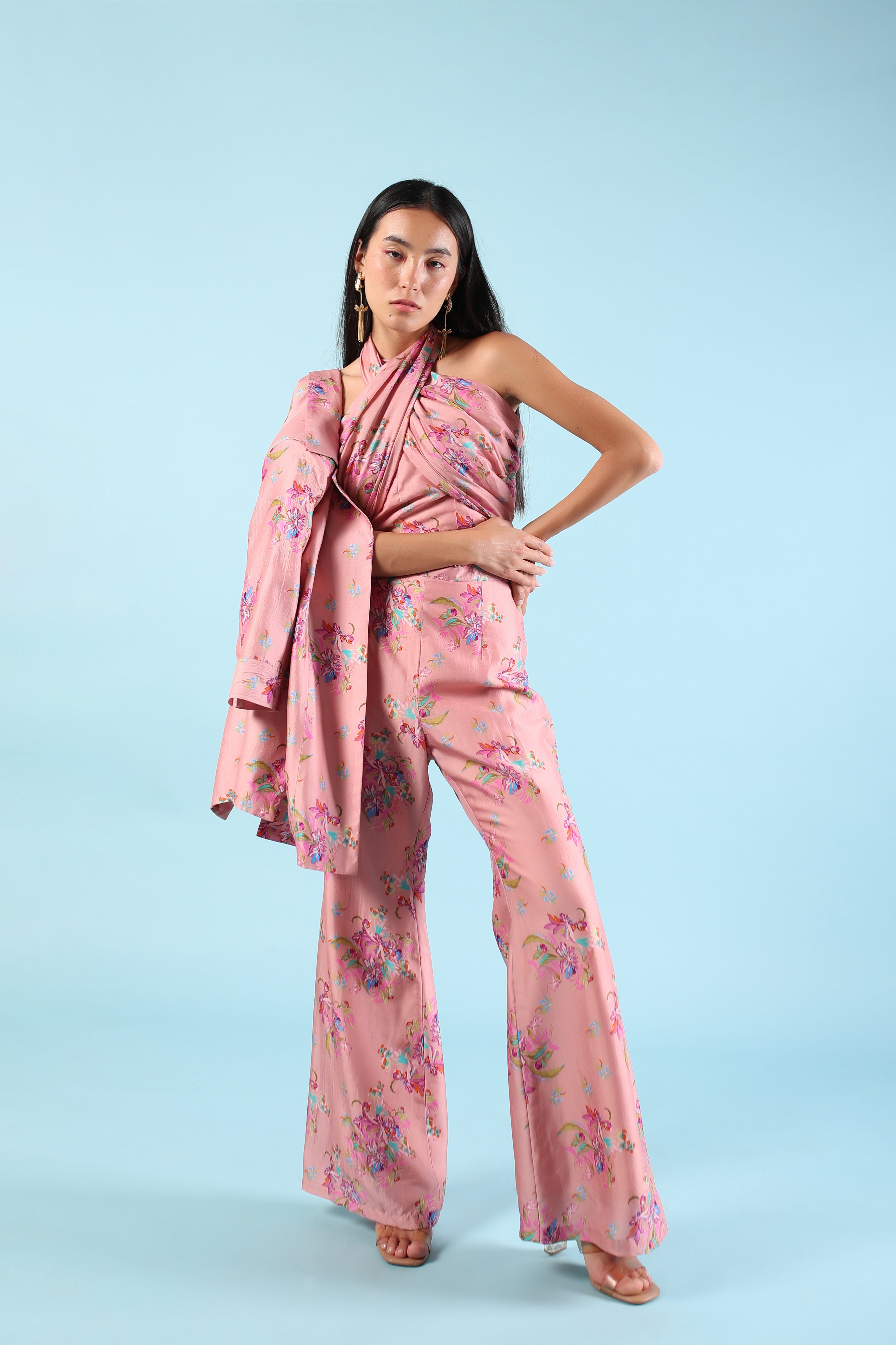 Pastel pink halter neck bell bottom pants and jacket set