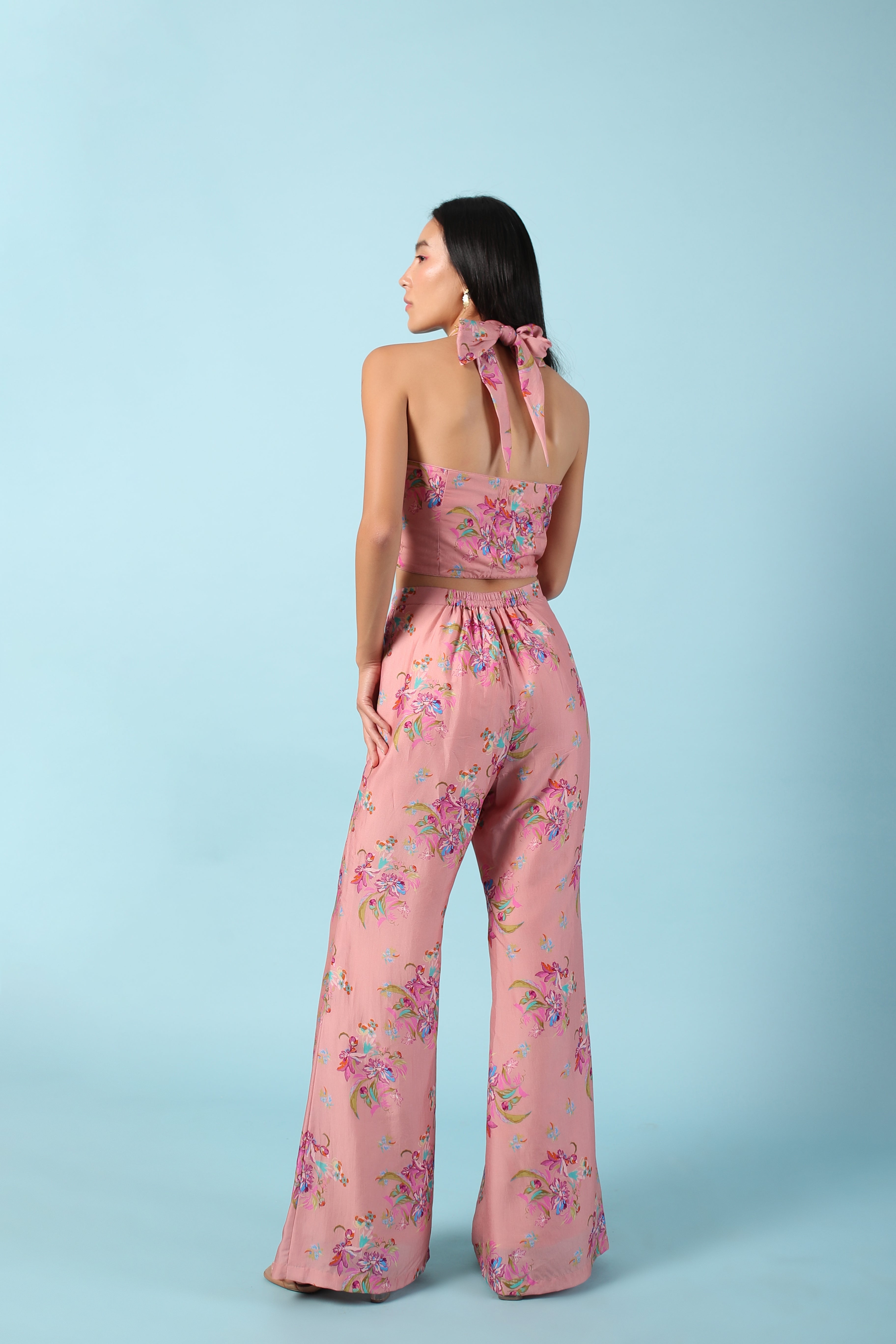 Pastel pink halter neck bell bottom pants and jacket set