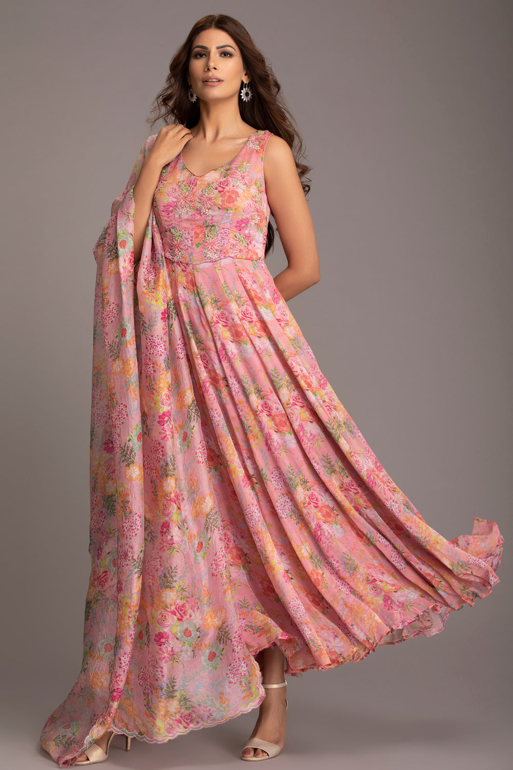 Peach floral long dress