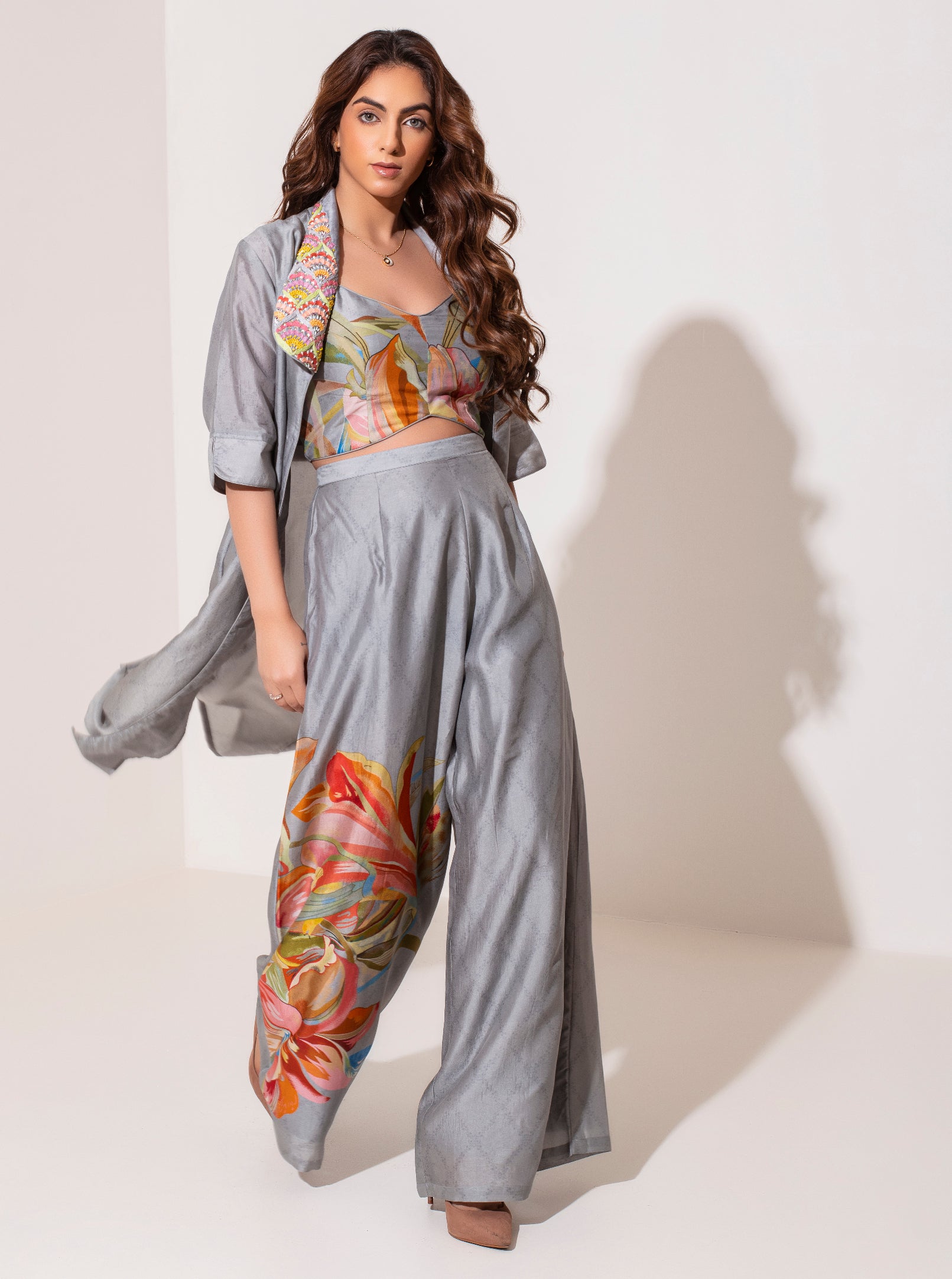 Steel grey floral placement printed jacket bustier and pants set with collared embroidery