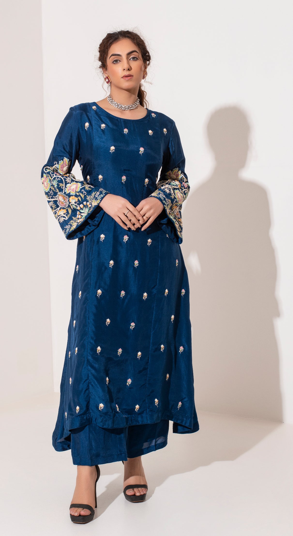 Heavy Resham and zardozi embroidered indigo blue suit with organza dupatta and pants