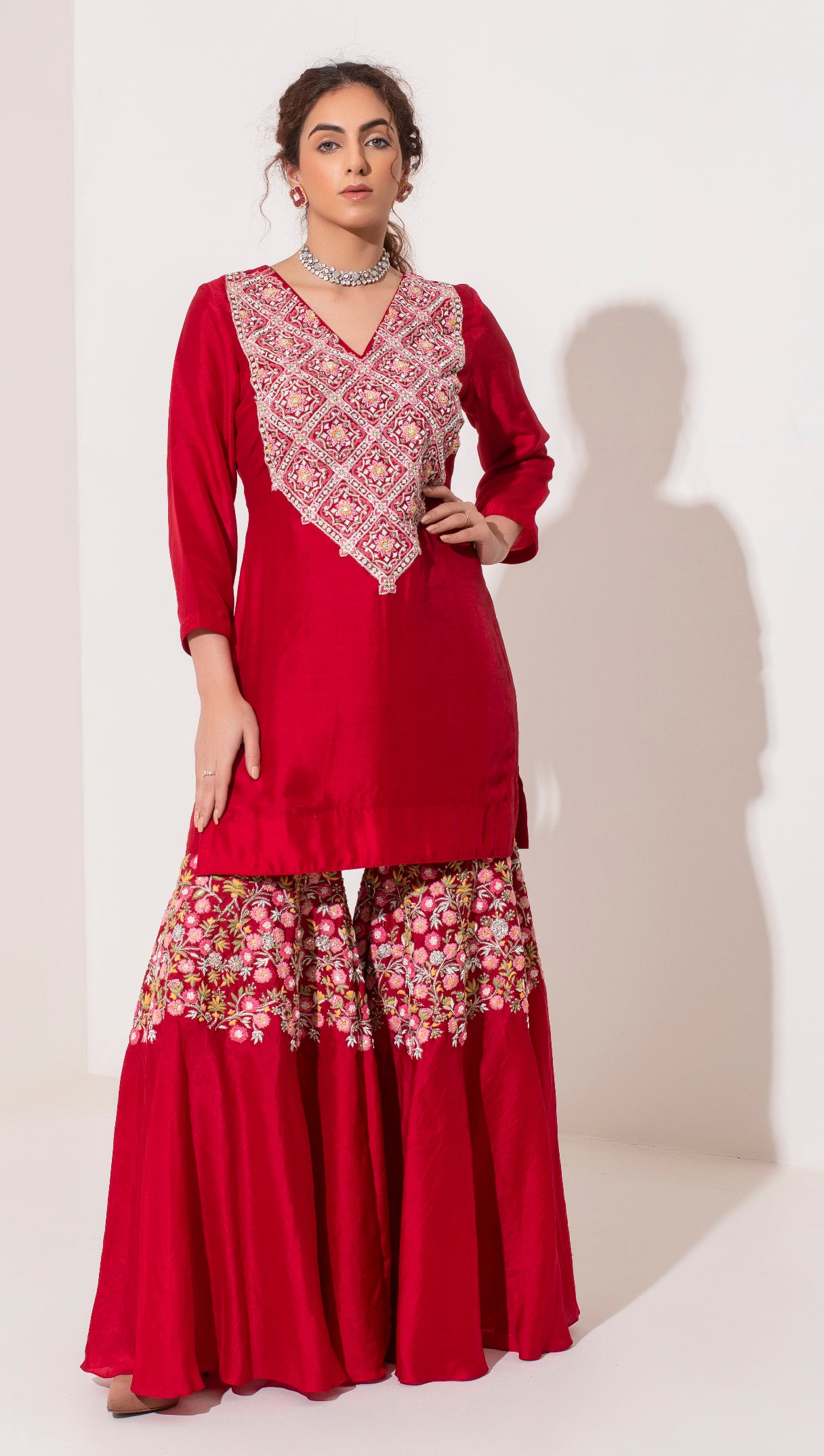 Red heavy Resham zardozi embroidered kurta and sharara with dupatta