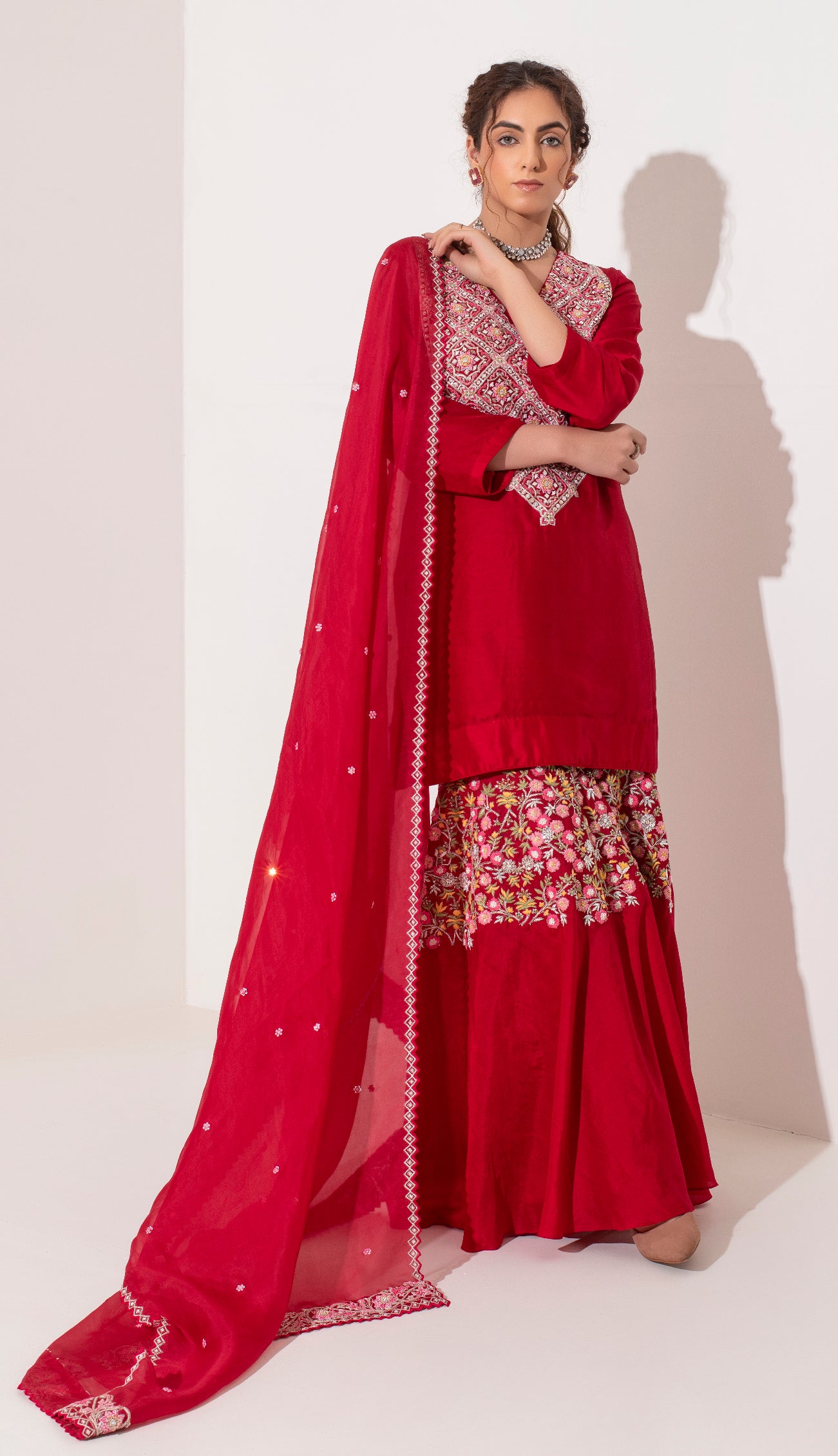 Red heavy Resham zardozi embroidered kurta and sharara with dupatta