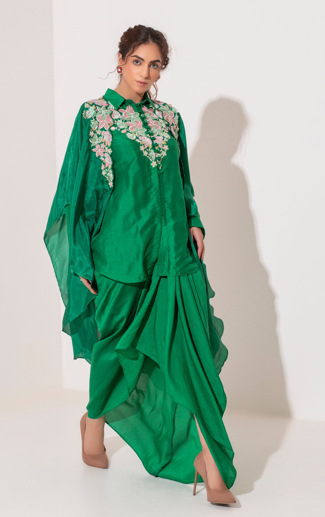 Emerald green draped skirt with cape and shirt