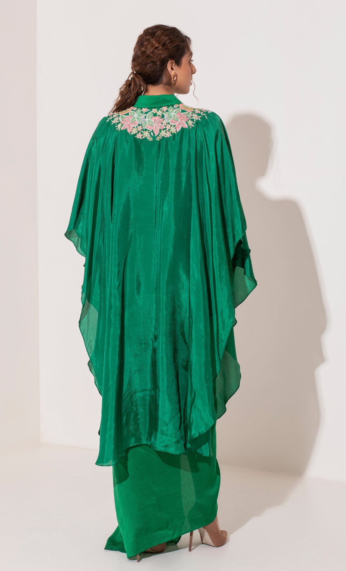 Emerald green draped skirt with cape and shirt