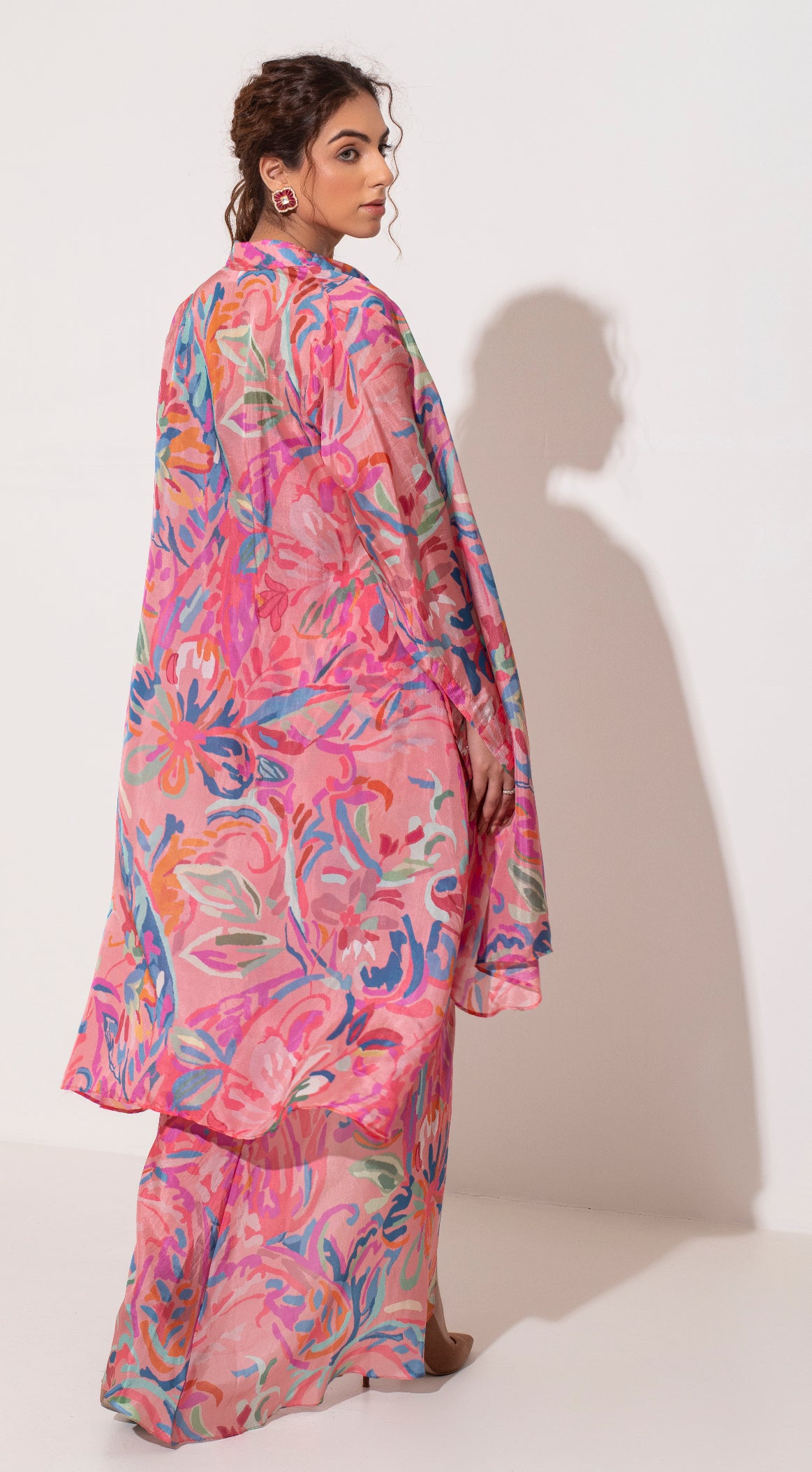 Pink printed pleated bustier Skirt and Jacket Set