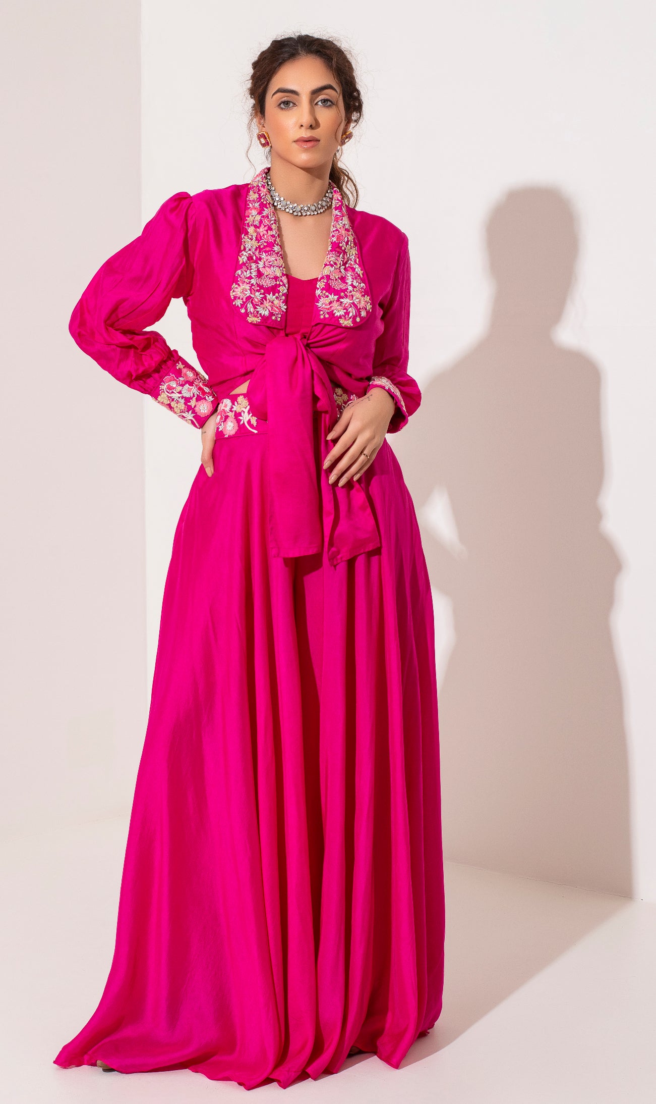 Fuchsia pink shirt knot top with biased sharara