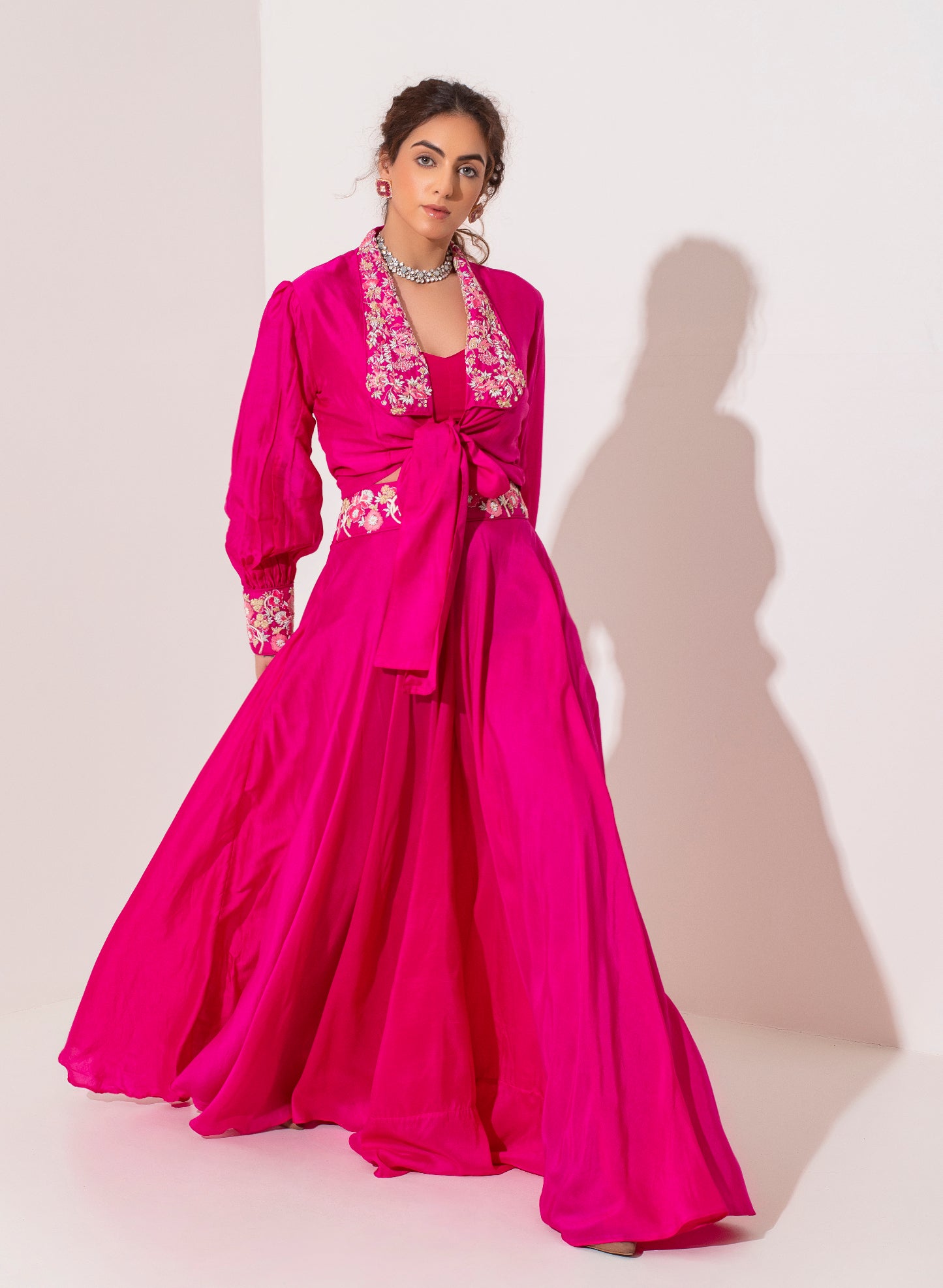 Fuchsia pink shirt knot top with biased sharara