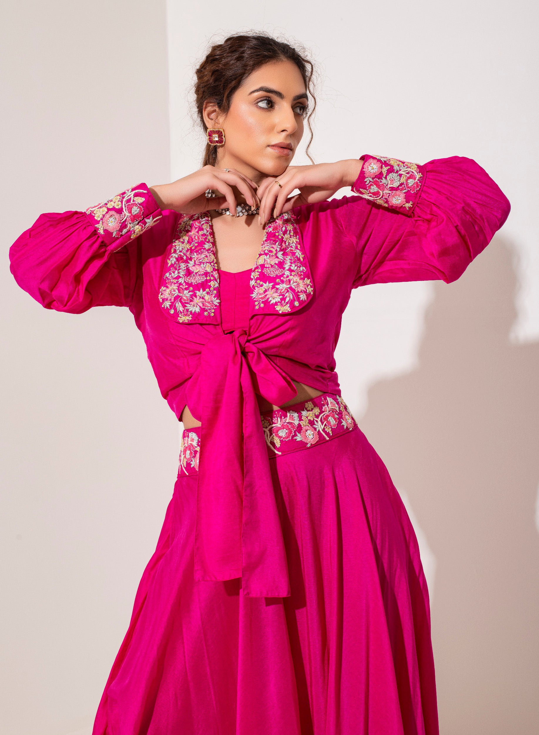 Fuchsia pink shirt knot top with biased sharara