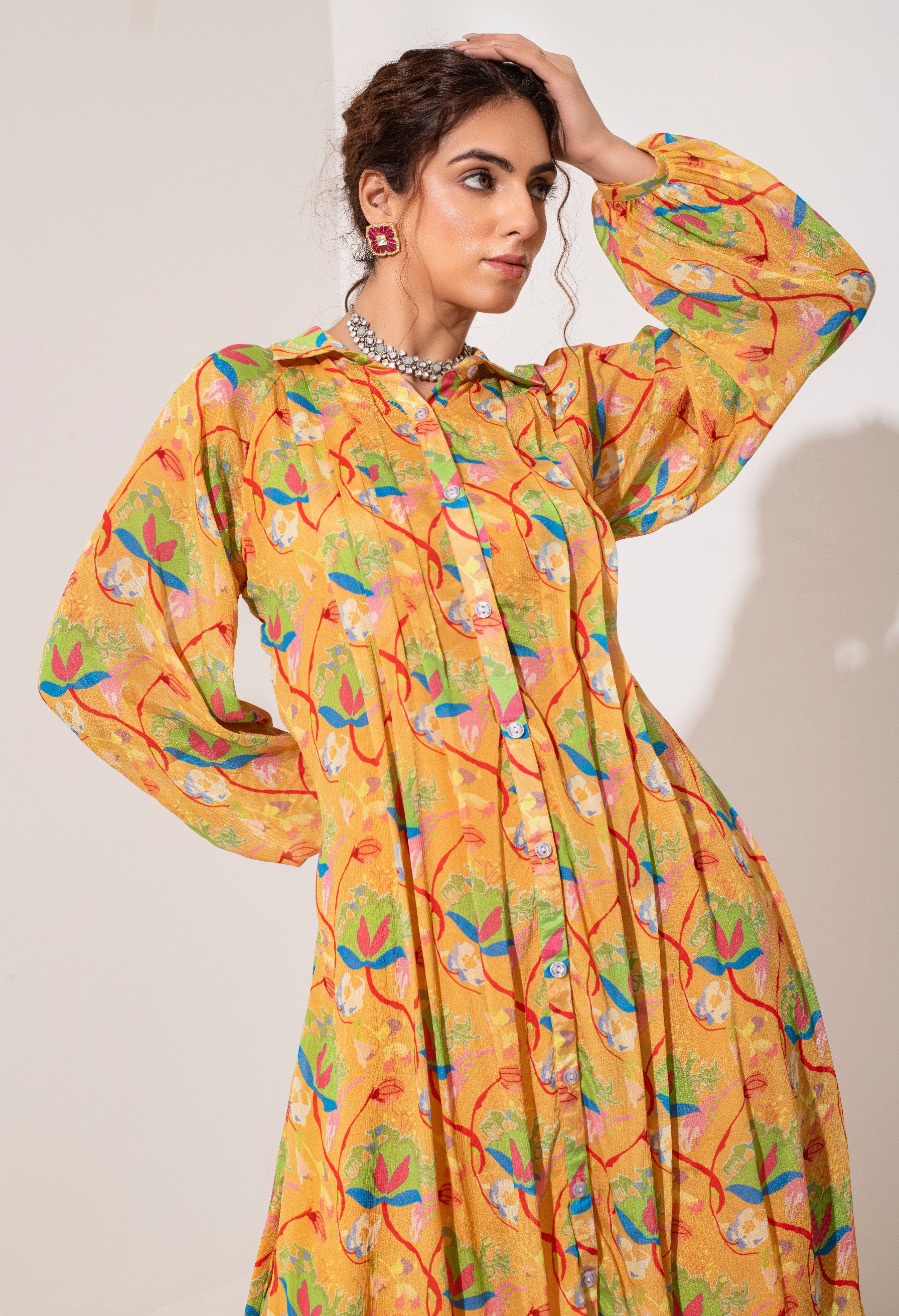 Yellow printed wrinkle crepe kurta and pants set