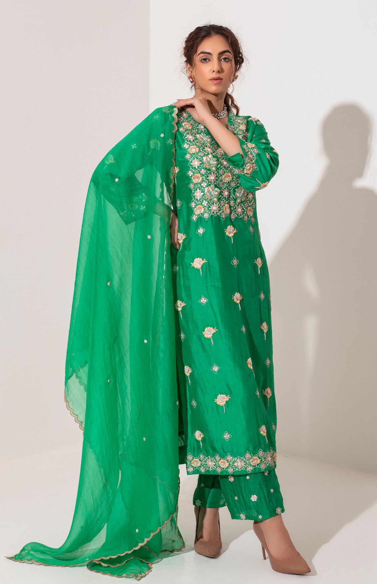 Parrot green Resham and zardozi embroidered kurta pants and dupatta set