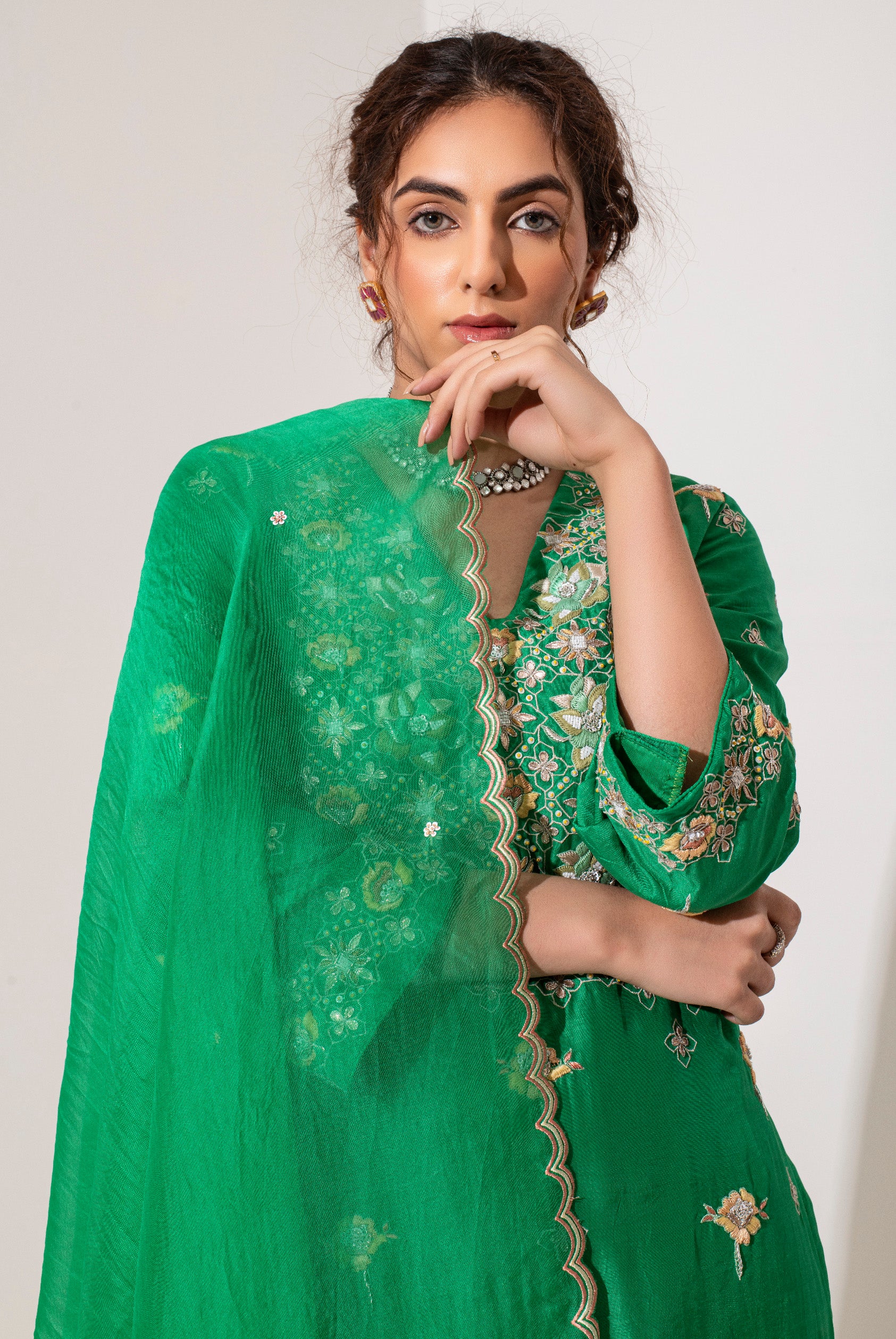 Parrot green Resham and zardozi embroidered kurta pants and dupatta set