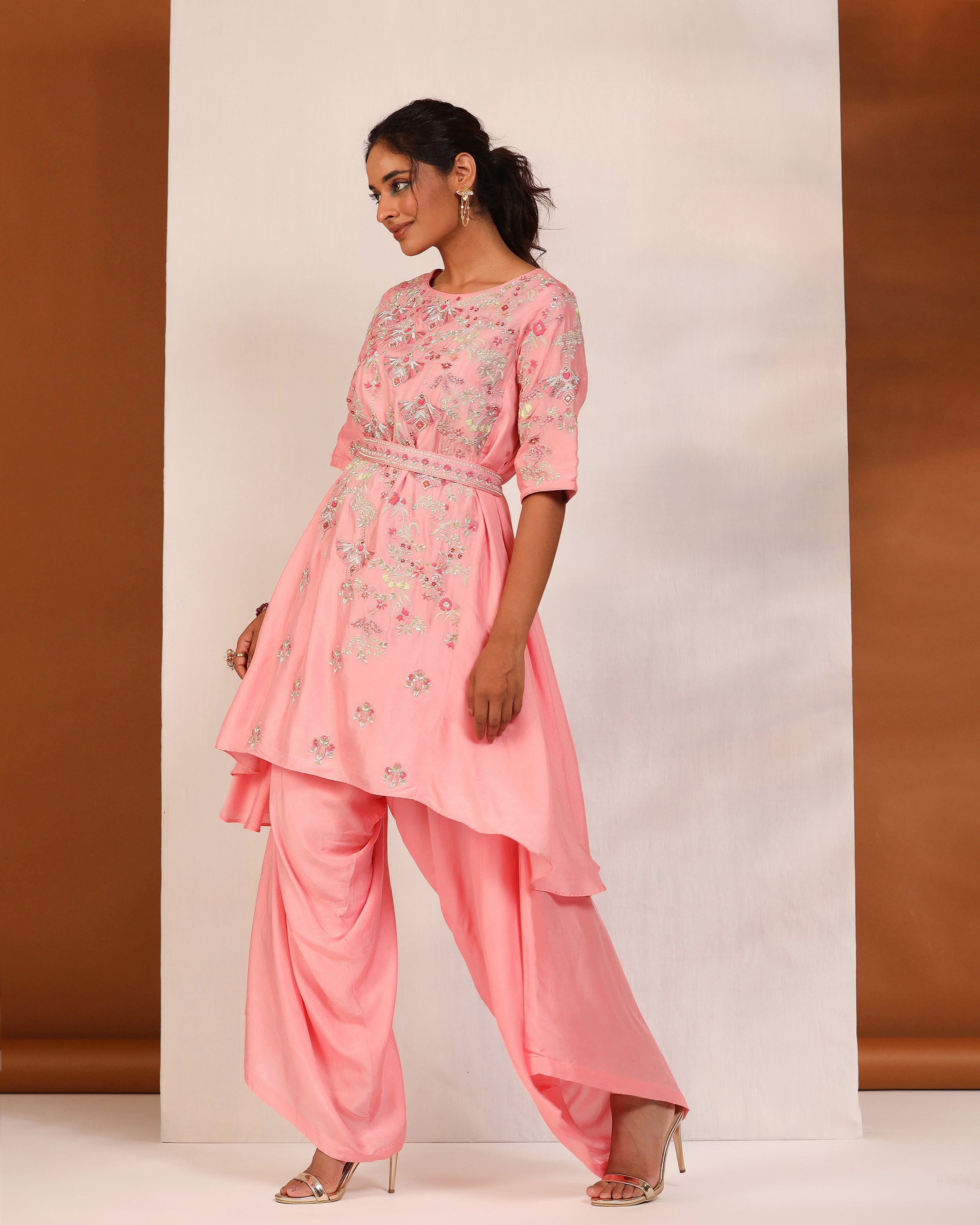 Peach zardozi asymmetric top and dhoti