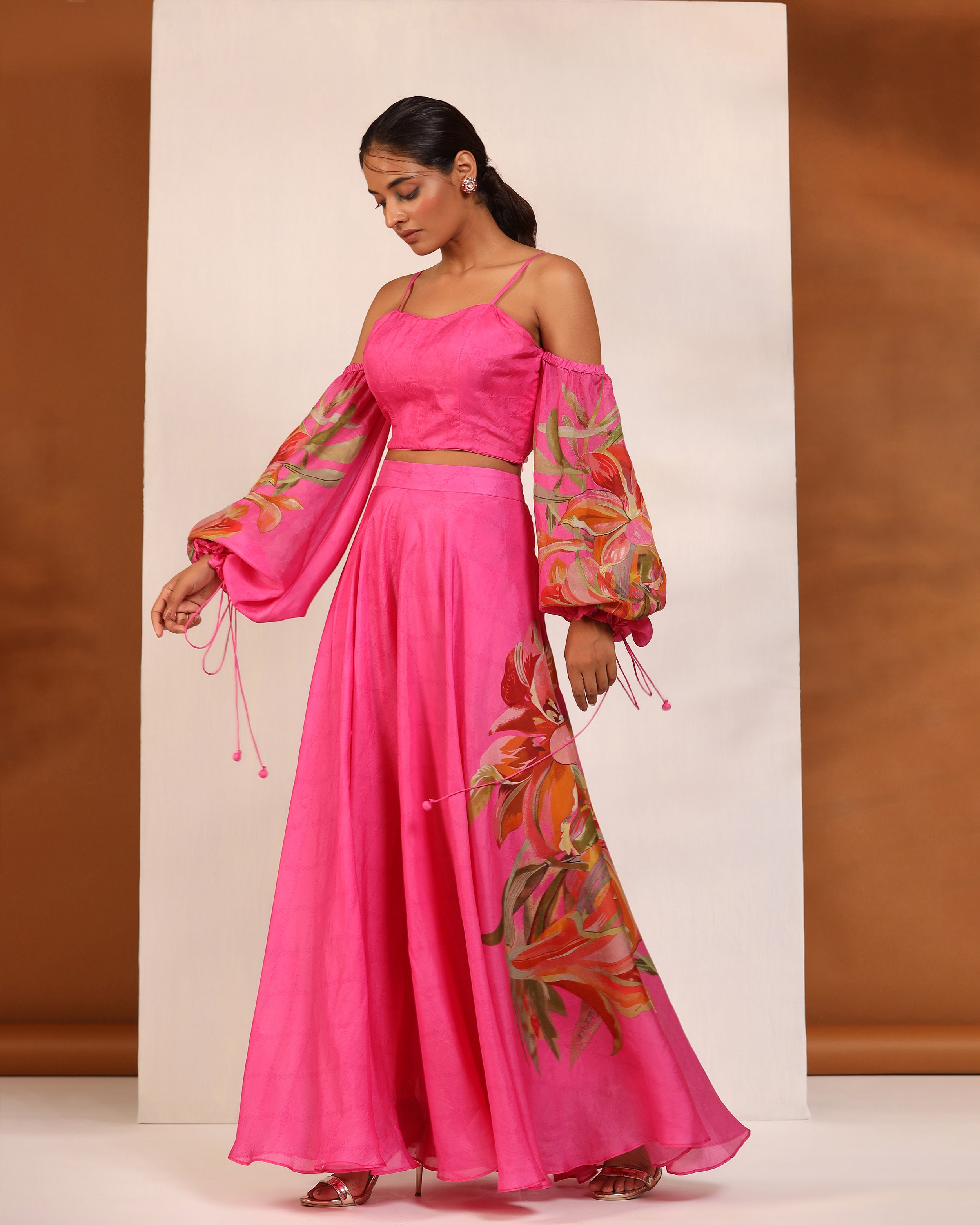 Fuchsia Pink floral cold shoulder crop top & Sharara