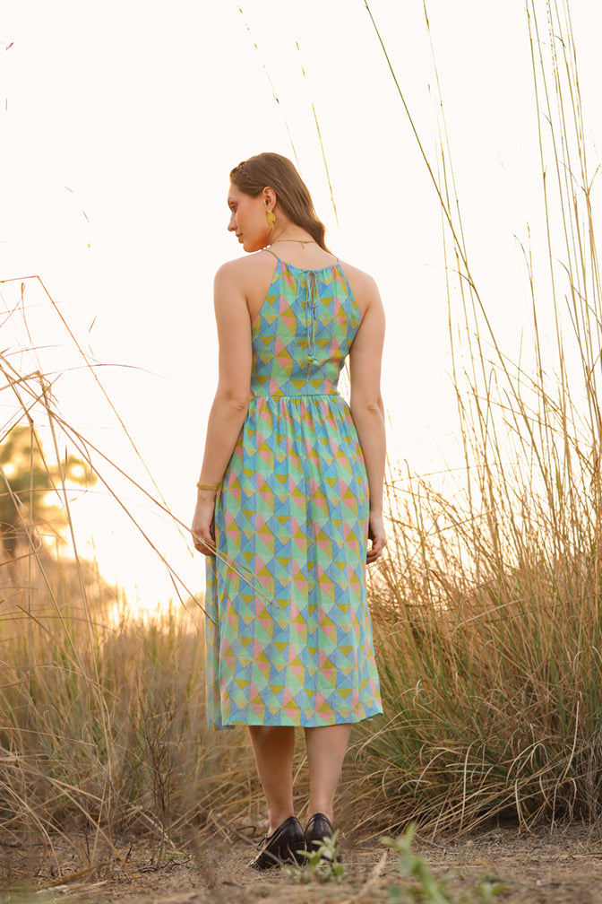 Aqua cotton geometric dress