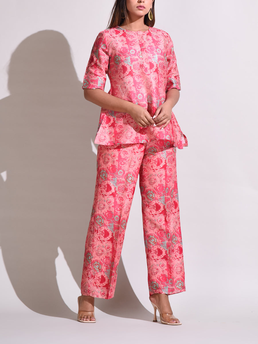 Peach & Pink Chanderi Silk Pant Set