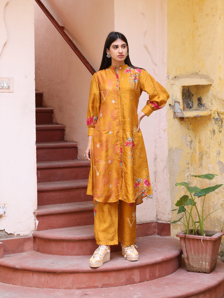 Mustard Yellow Silk Pant Set