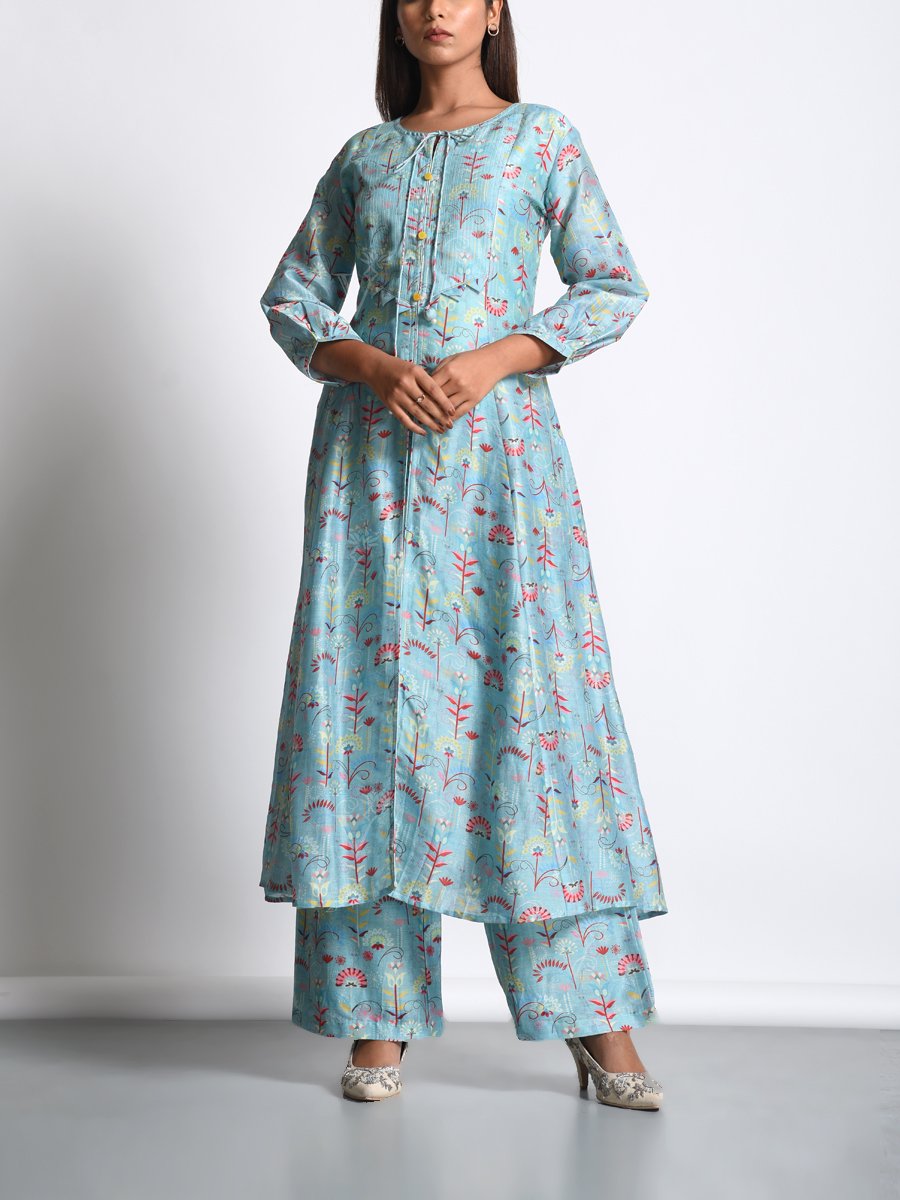Powder Blue Chanderi Silk Printed Front Slit Kurta Set