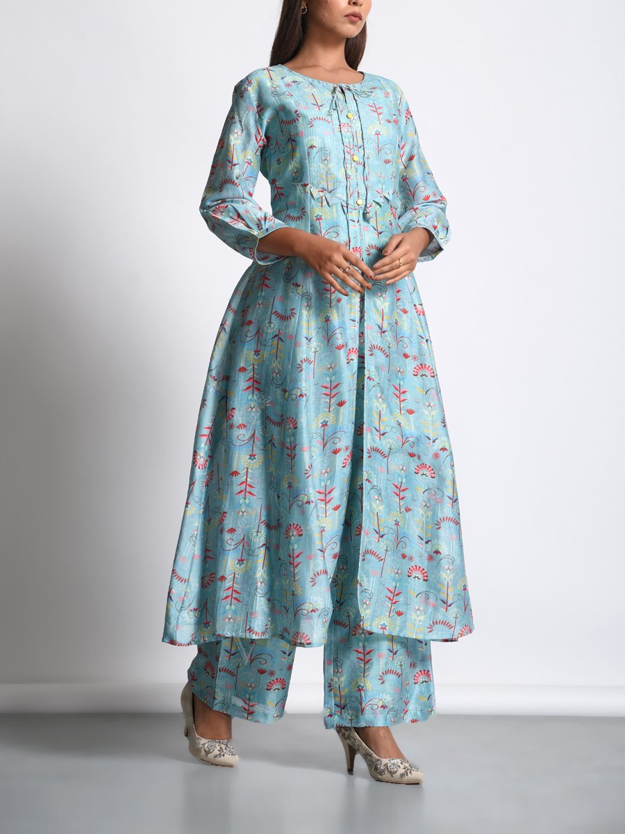 Powder Blue Chanderi Silk Printed Front Slit Kurta Set