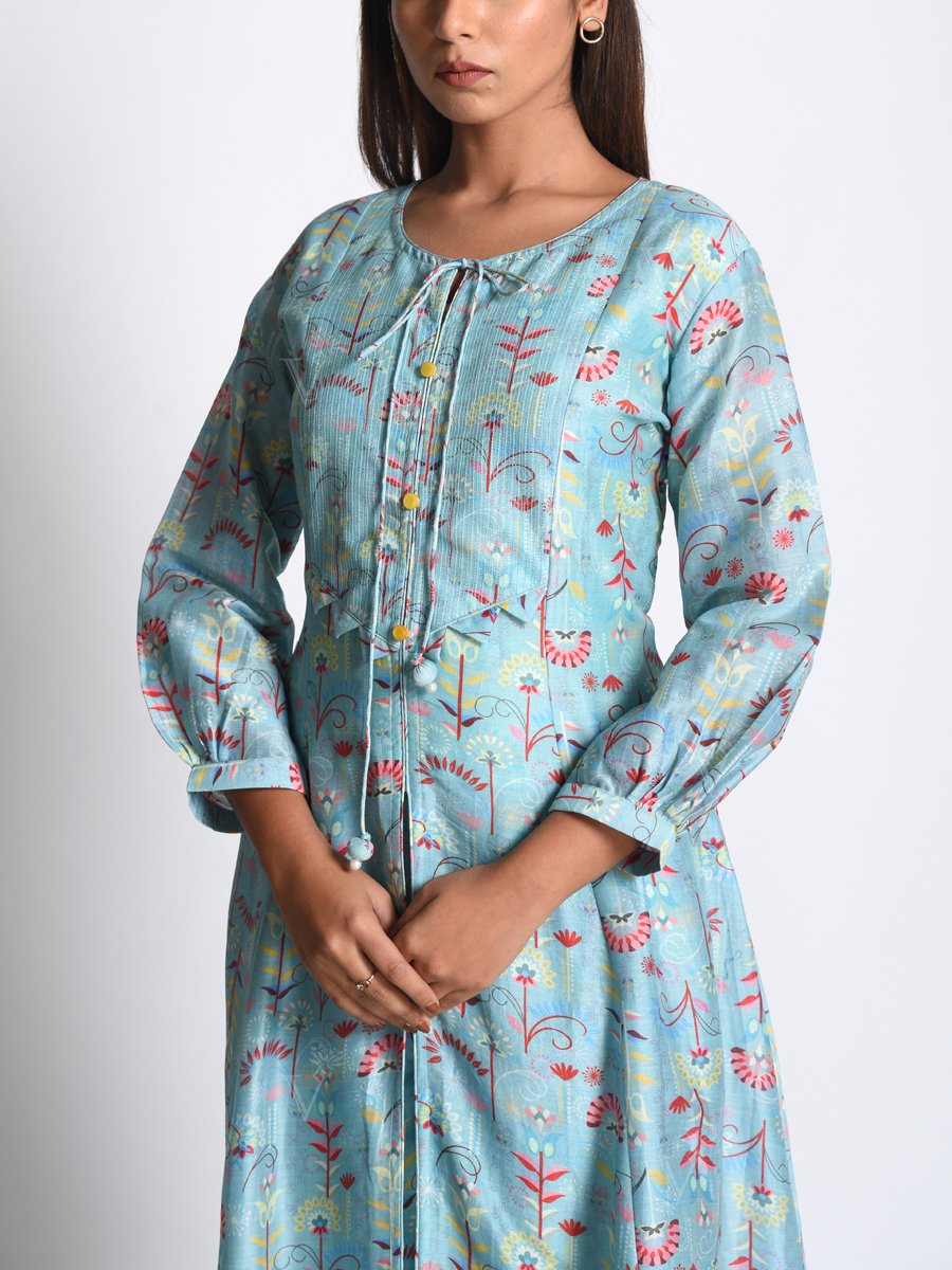 Powder Blue Chanderi Silk Printed Front Slit Kurta Set