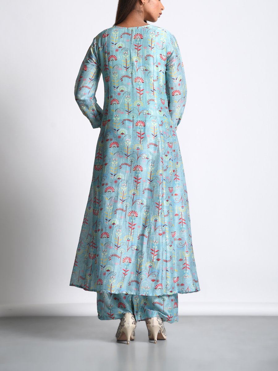 Powder Blue Chanderi Silk Printed Front Slit Kurta Set
