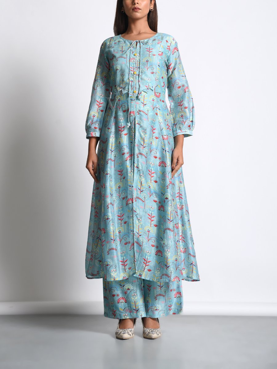 Powder Blue Chanderi Silk Printed Front Slit Kurta Set