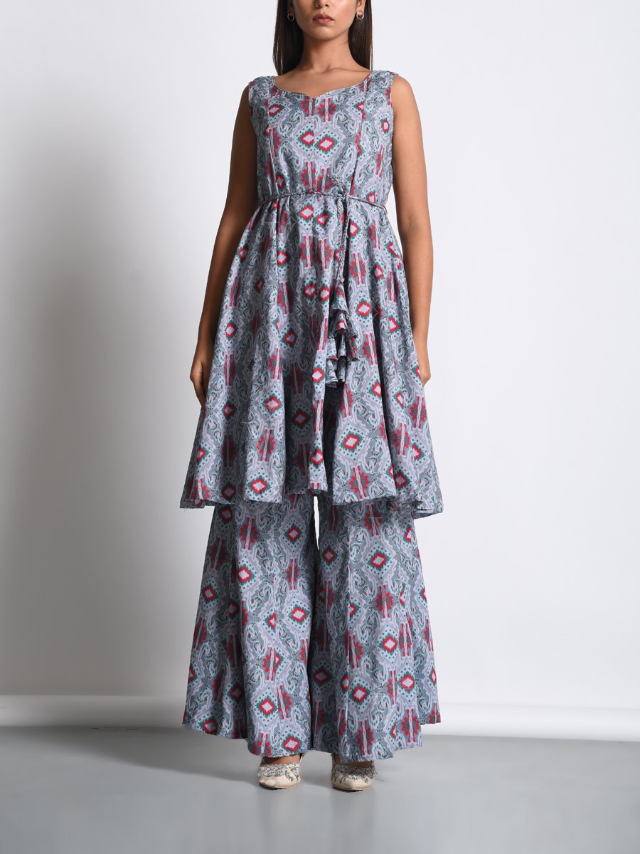 Grey Printed Cotton Silk Palazzo Set