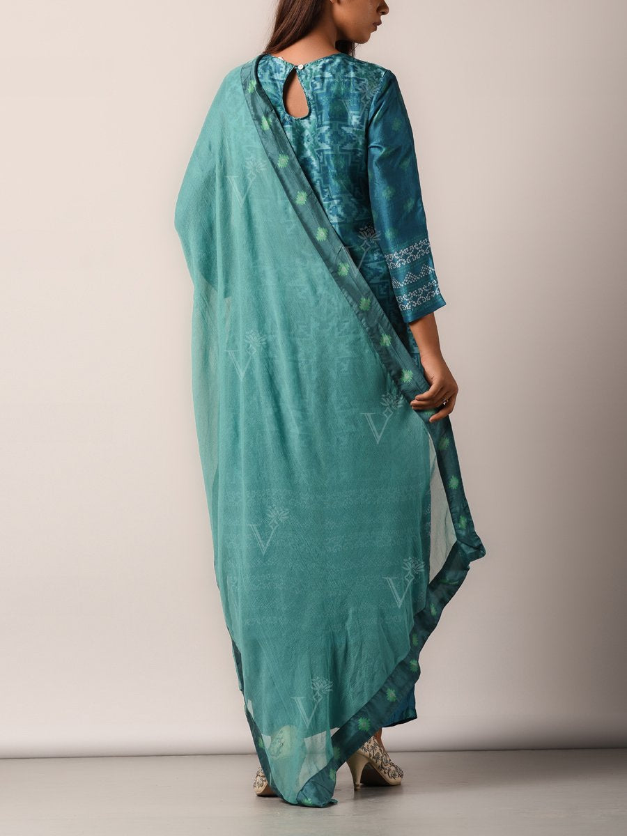 Teal Blue Silk Highlighted Suit Set