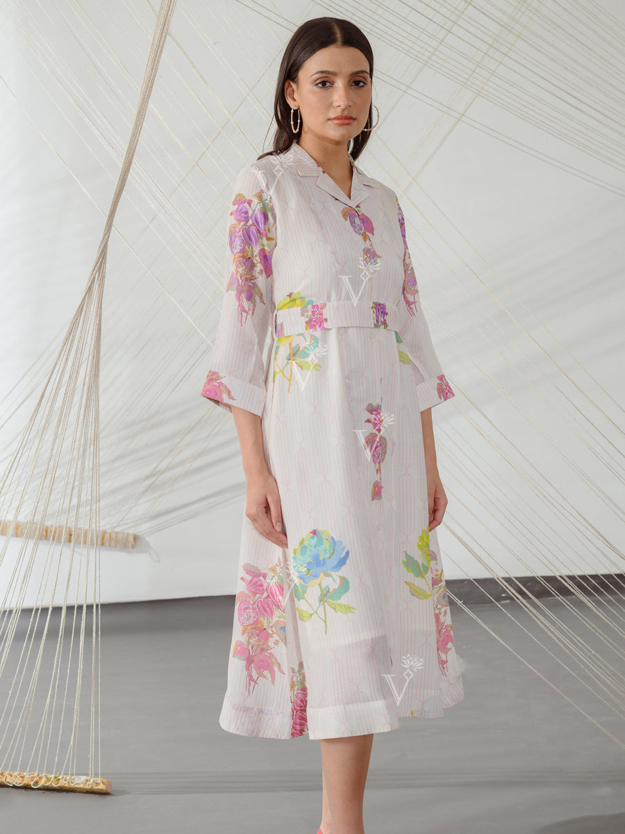Striped Misty Pink Floral Shirt Dress