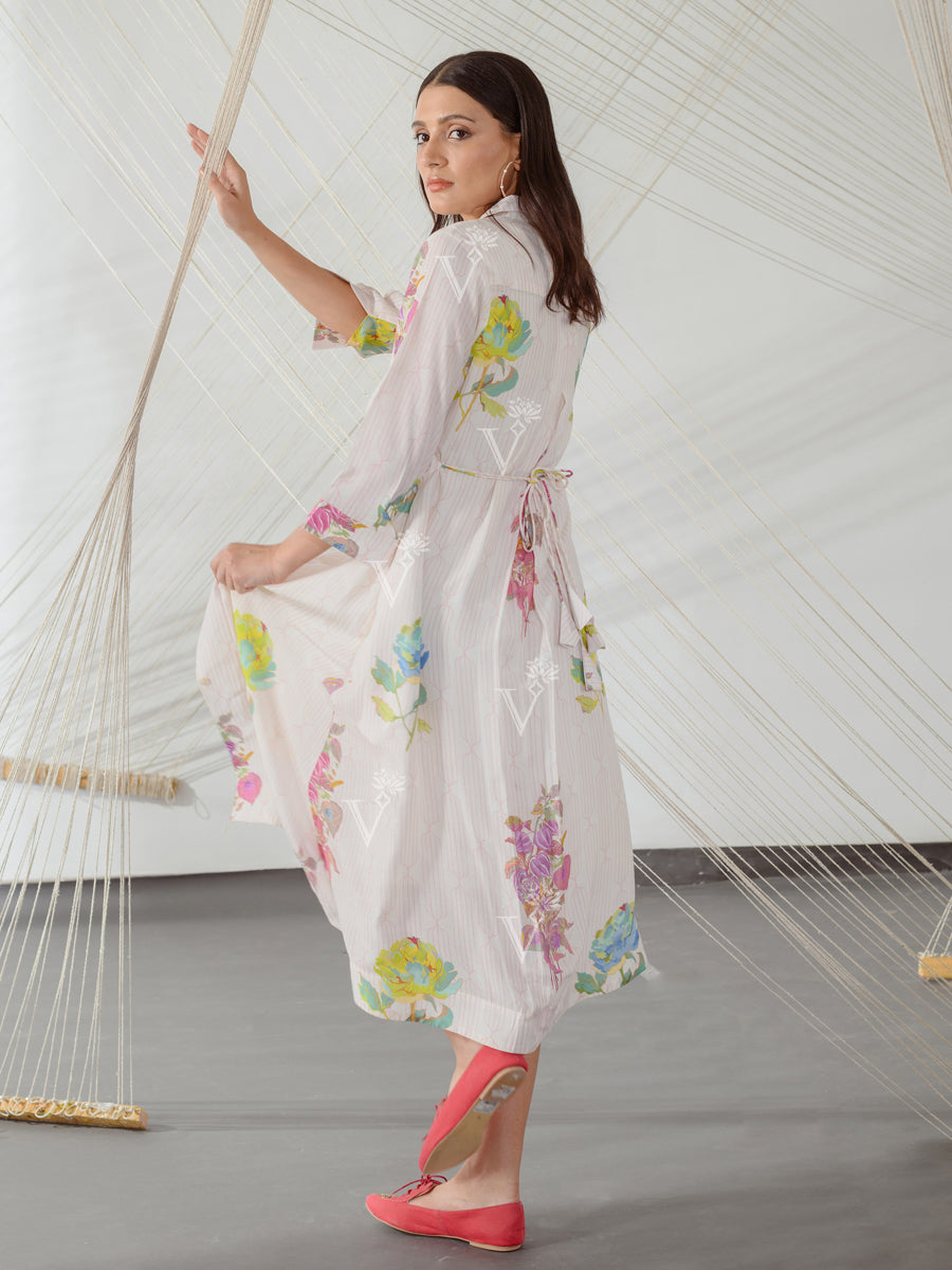 Striped Misty Pink Floral Shirt Dress