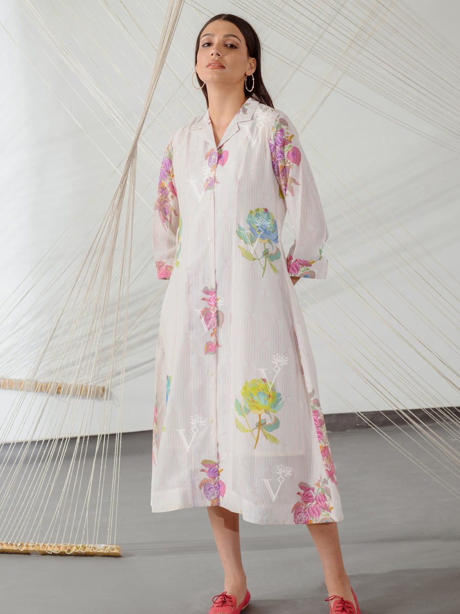 Striped Misty Pink Floral Shirt Dress