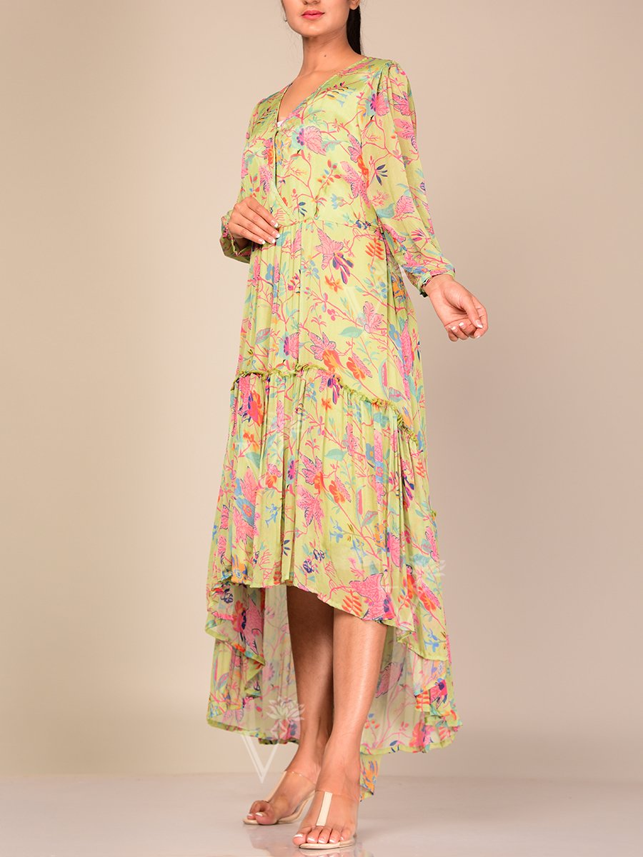 Mint Green Floral Asymmetric Dress