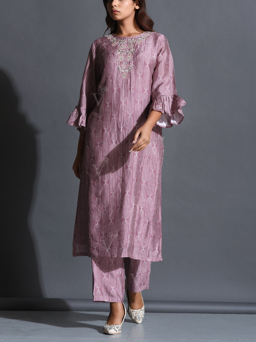Lavander Printed Silk Suit Set