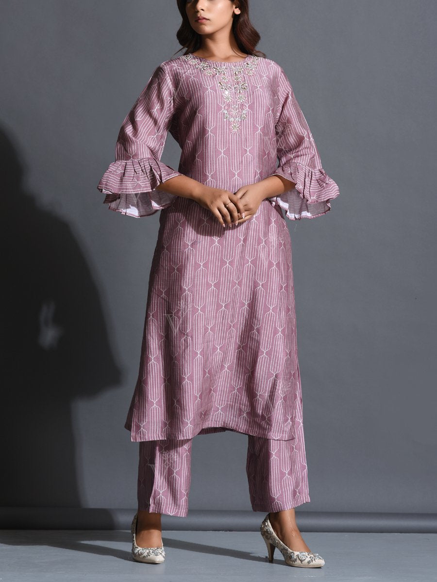 Lavander Printed Silk Suit Set