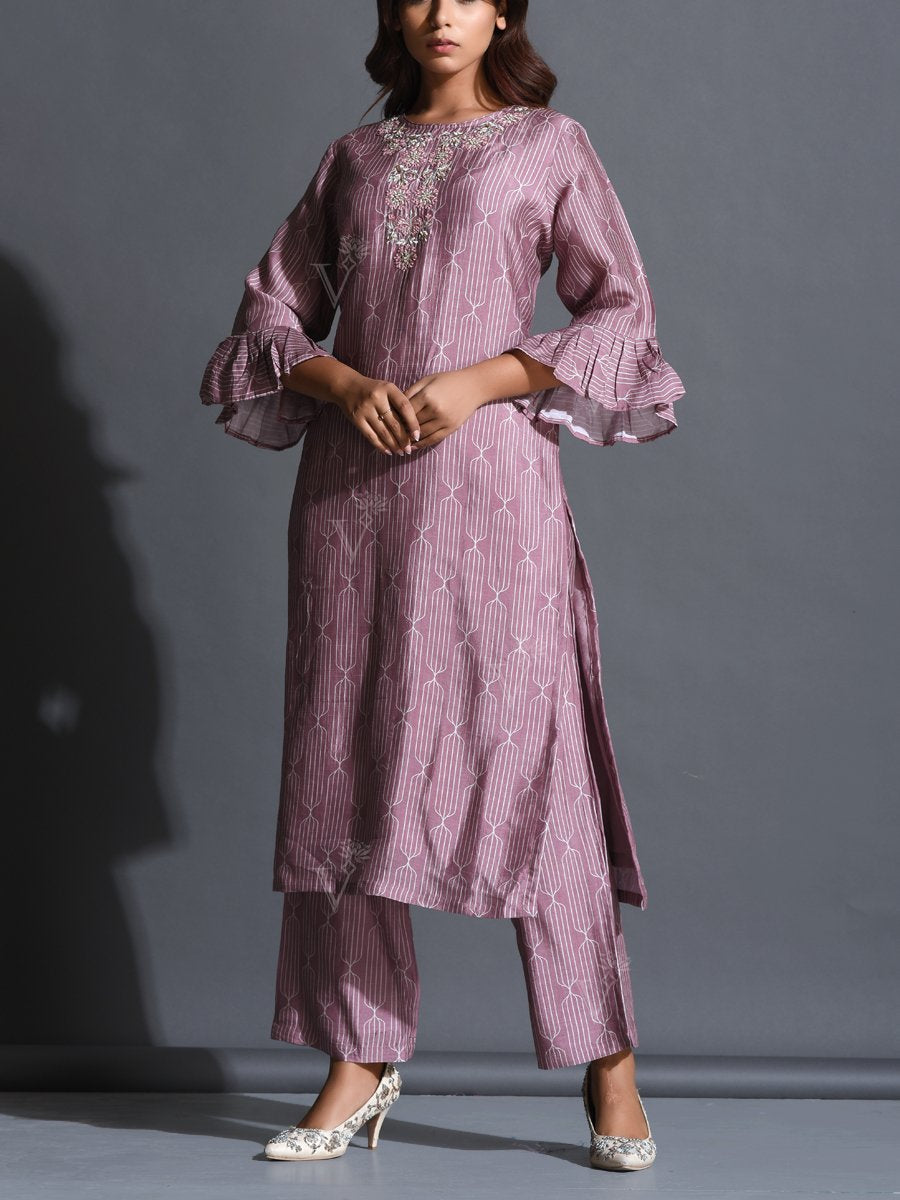 Lavander Printed Silk Suit Set