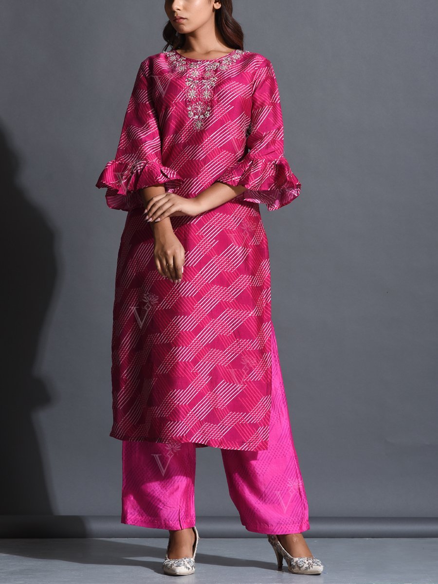 Pink Printed Silk Suit Set