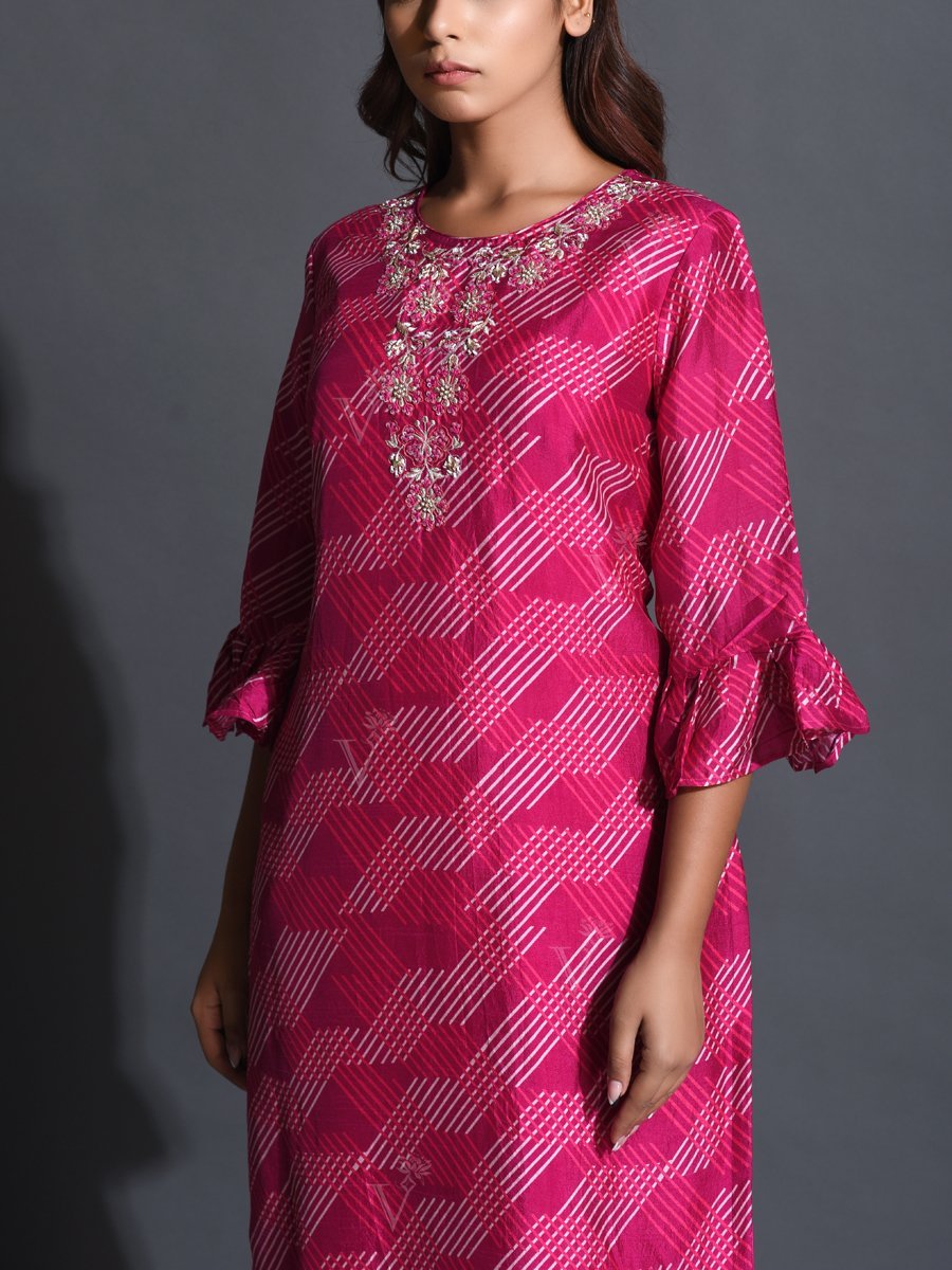 Pink Printed Silk Suit Set