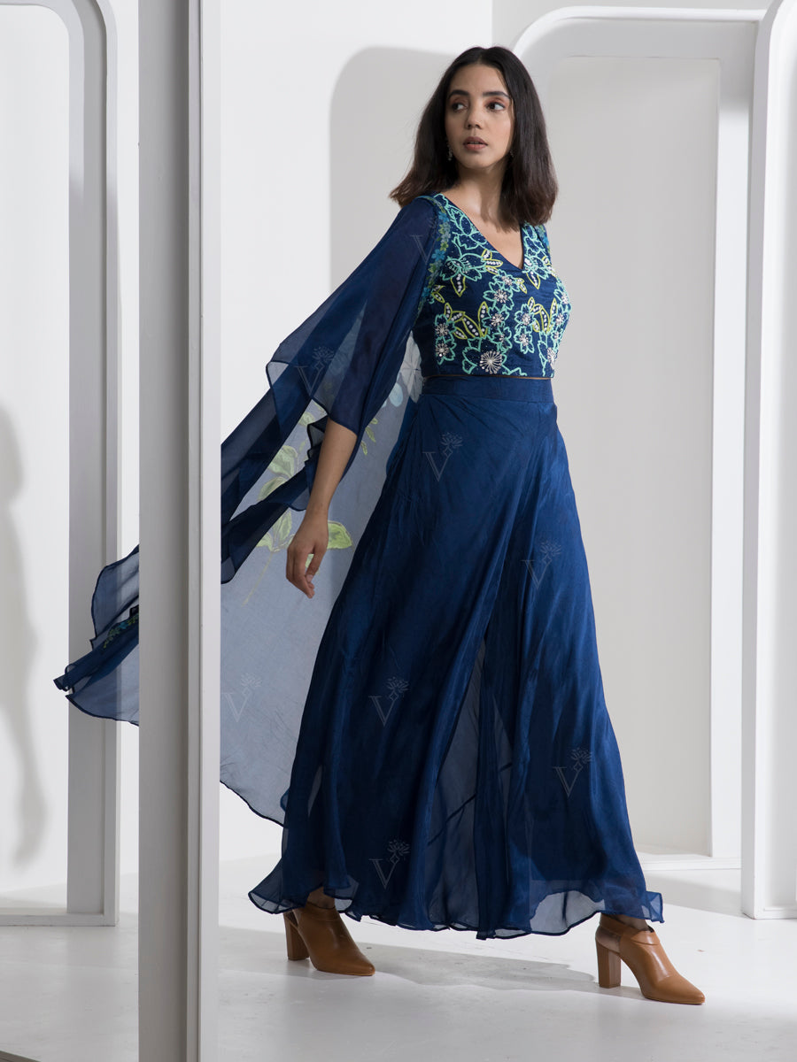 Indigo Blue Silk Palazzo Cape Set