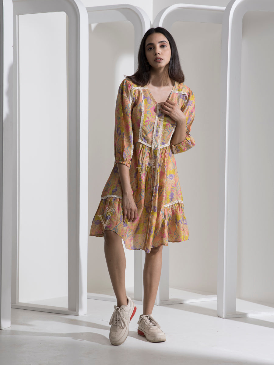 Caramel Abstract Print Knee Length Dress