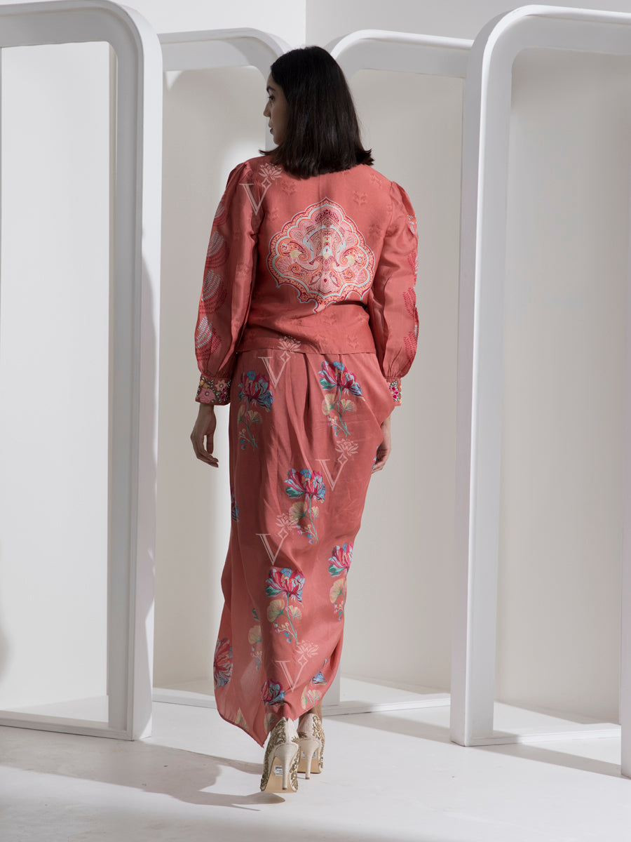 Brick Red Printed Drape Skirt Set