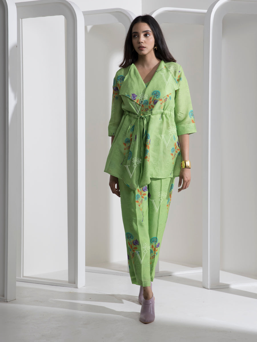Parrot Green Silk Jacket with bustier Pant Set