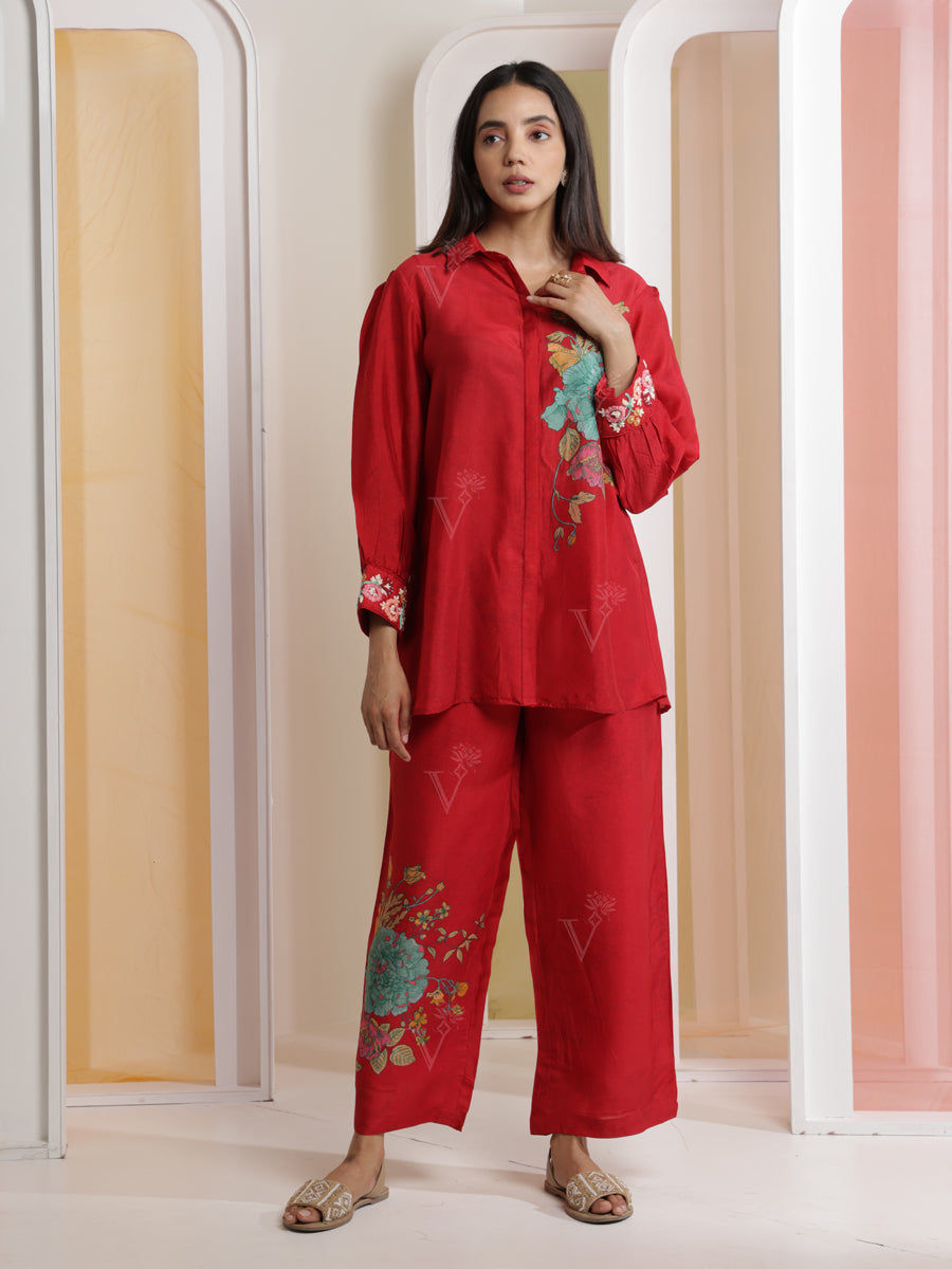 Red Silk Co-ord Set - Main Image
