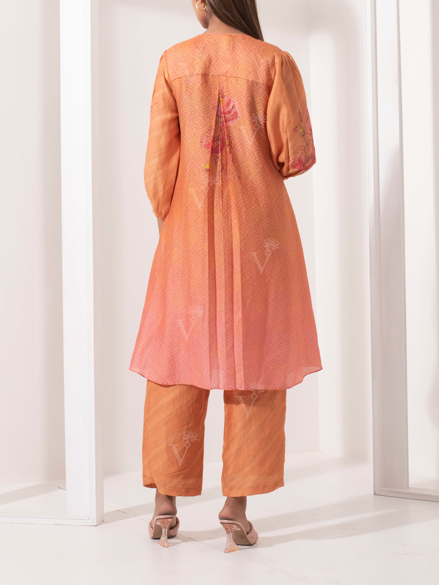 Apricot Printed Silk Pant Set