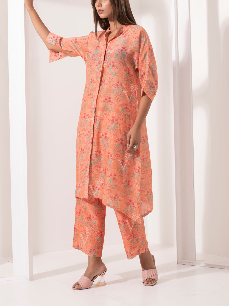 Peach Floral Print Silk Pant Set