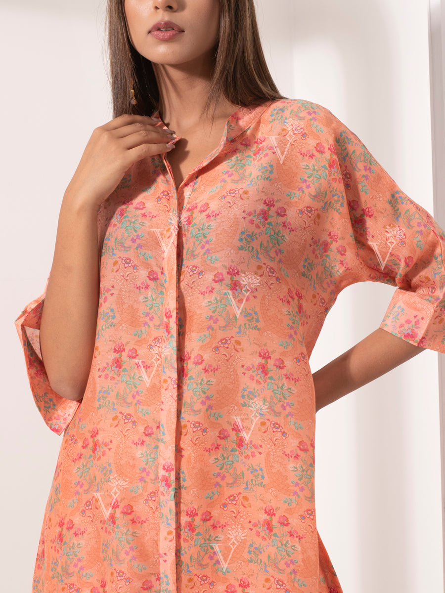 Peach Floral Print Silk Pant Set