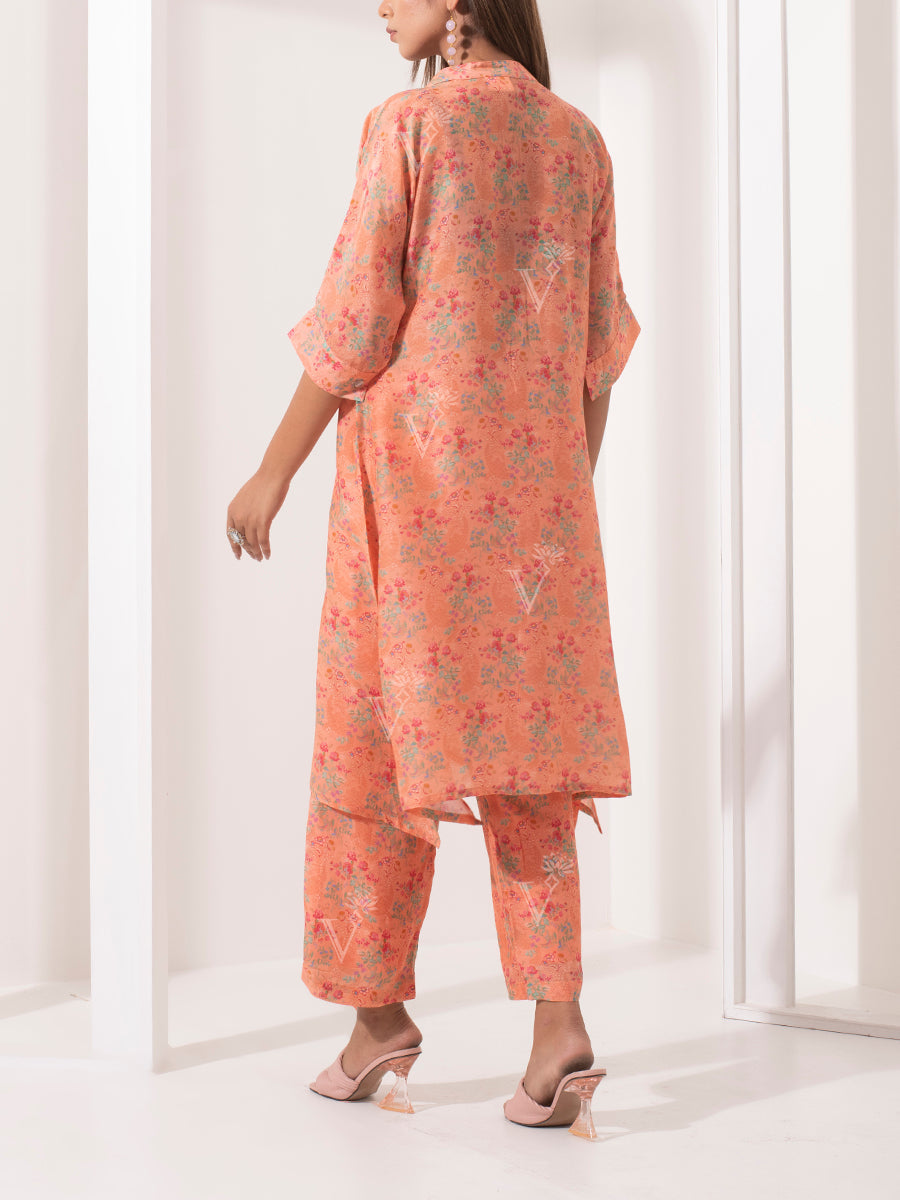 Peach Floral Print Silk Pant Set