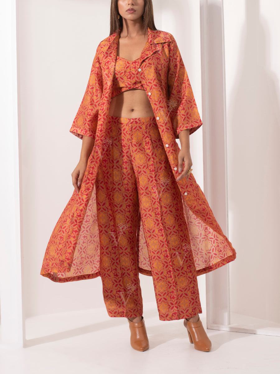 Orange Silk Jacket with bustier Pant Set