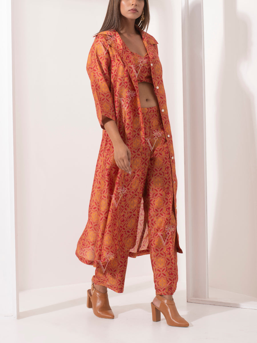 Orange Silk Jacket with bustier Pant Set