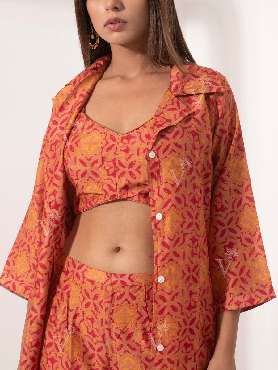 Orange Silk Jacket with bustier Pant Set